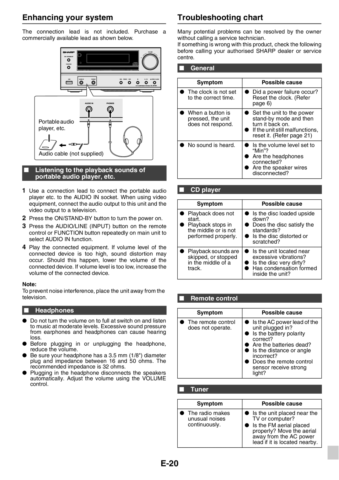 Sharp XL-HF301PH(S), XL-HF201PH(BK), CP-HF200H Enhancing your system, Troubleshooting chart, Headphones, CD player, Tuner 