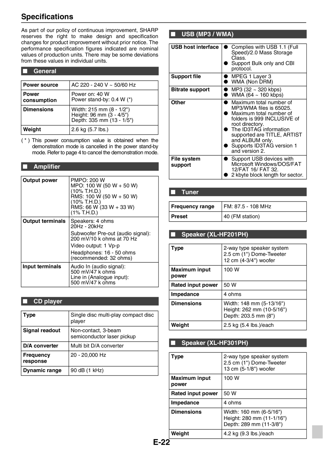 Sharp XL-HF201PH(S), XL-HF301PH(S) Specifications, Amplifier, USB MP3 / WMA, Speaker XL-HF201PH, Speaker XL-HF301PH 