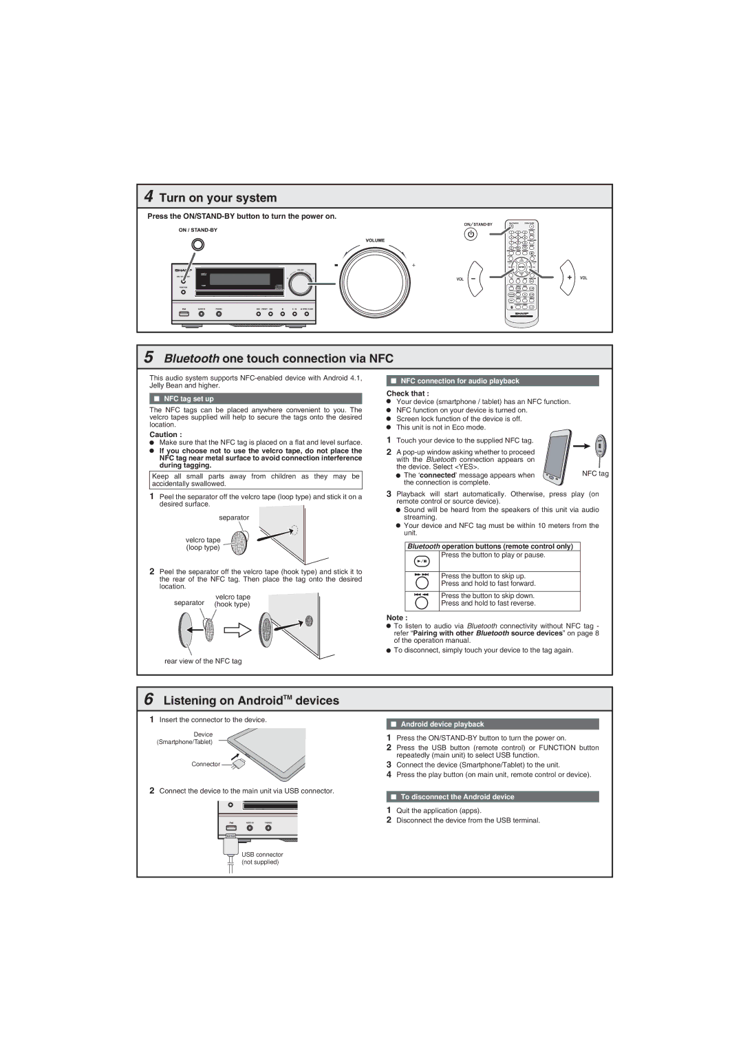 Sharp XL-HF202PH(BK) Turn on your system, Bluetooth one touch connection via NFC, Listening on AndroidTM devices 