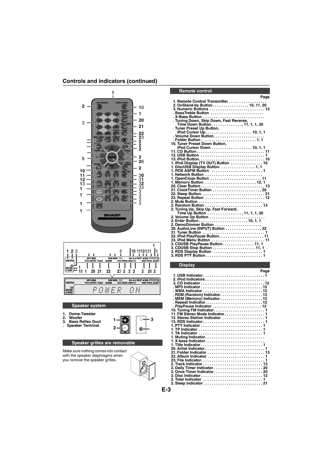 Sharp XL-HF401PH operation manual Remote control, Display, Speaker system 