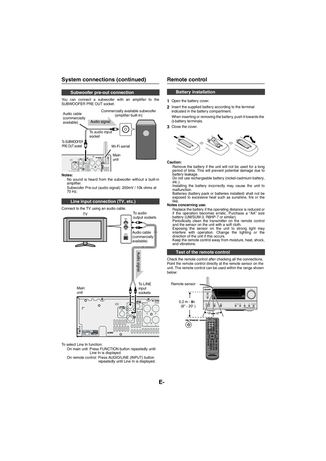 Sharp XL-HF401PH System connections Remote control, Subwoofer pre-out connection, Test of the remote control 