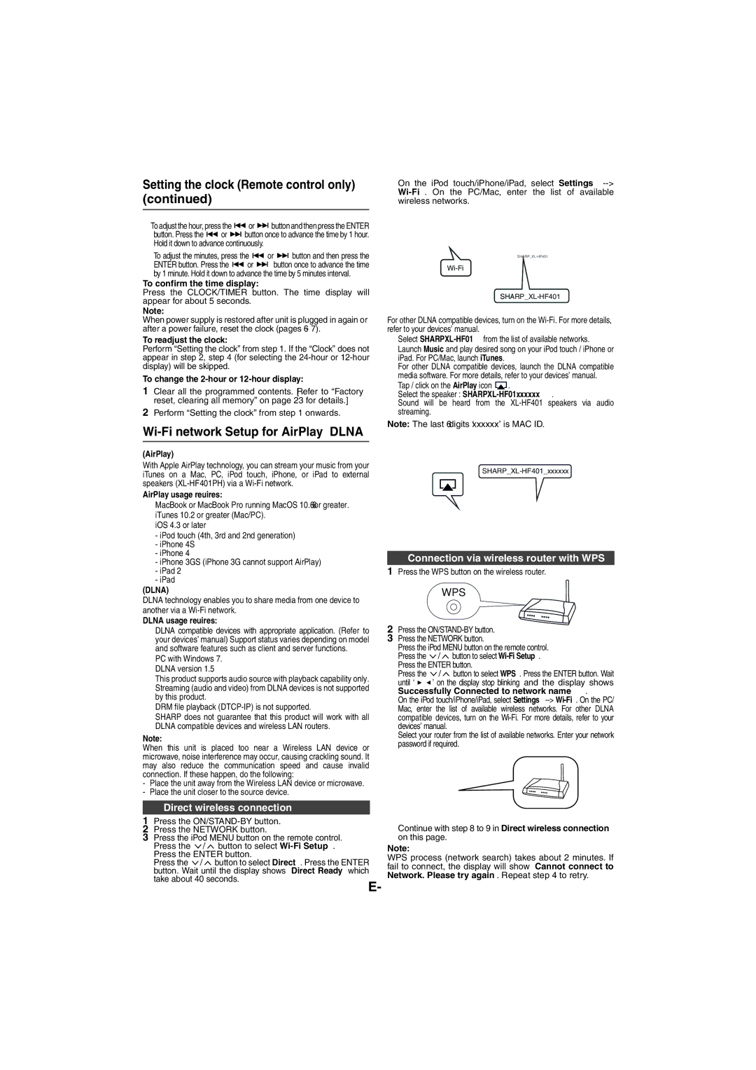 Sharp XL-HF401PH operation manual Wi-Fi network Setup for AirPlay / Dlna, Connection via wireless router with WPS 