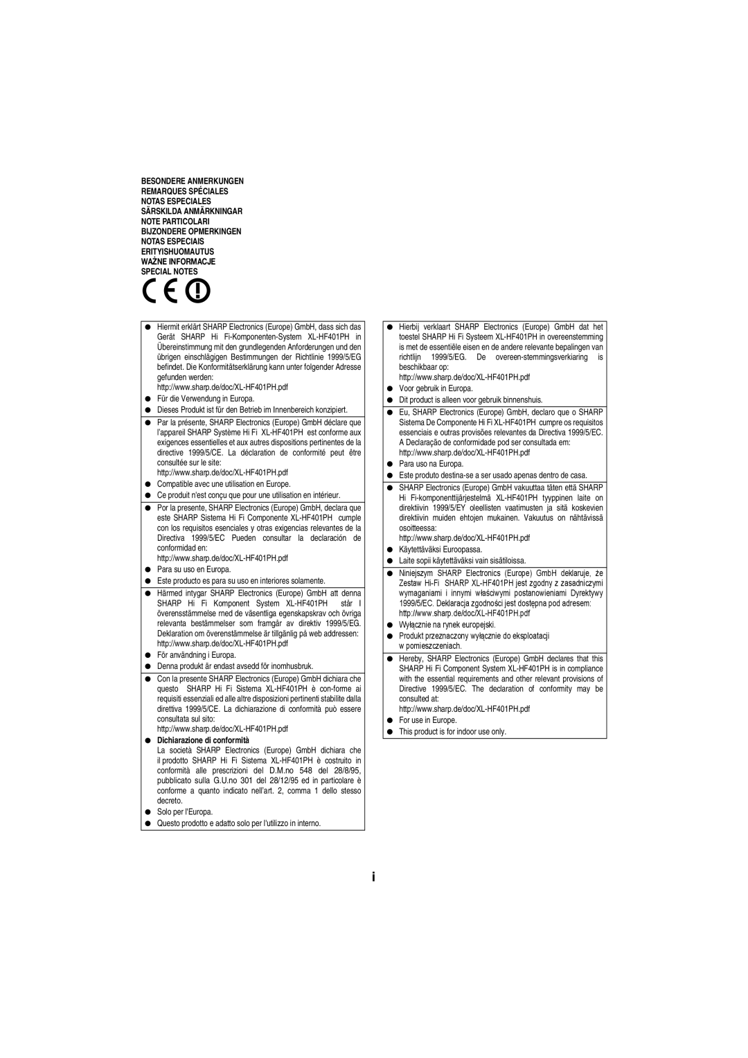 Sharp XL-HF401PH operation manual Dichiarazione di conformità 