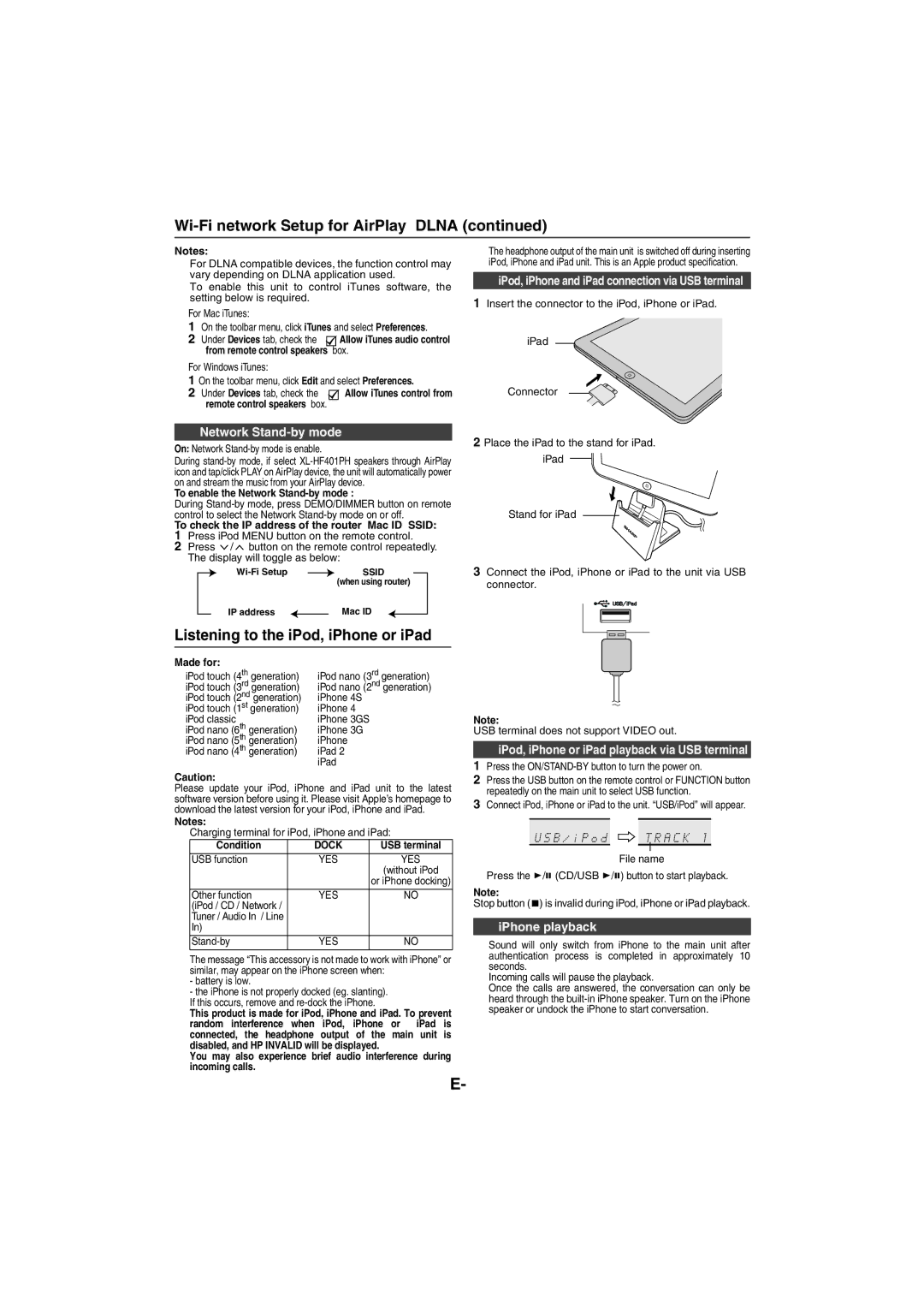 Sharp XL-HF401PH operation manual Listening to the iPod, iPhone or iPad, Network Stand-by mode, IPhone playback, Made for 