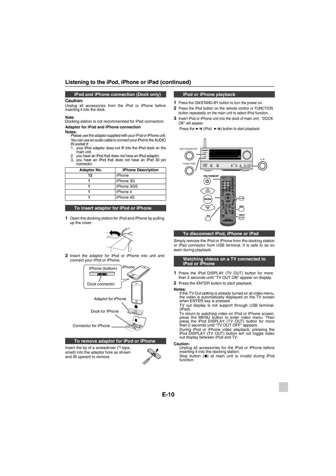 Sharp XL-HF401PH IPod and iPhone connection Dock only, To insert adaptor for iPod or iPhone, IPod or iPhone playback 