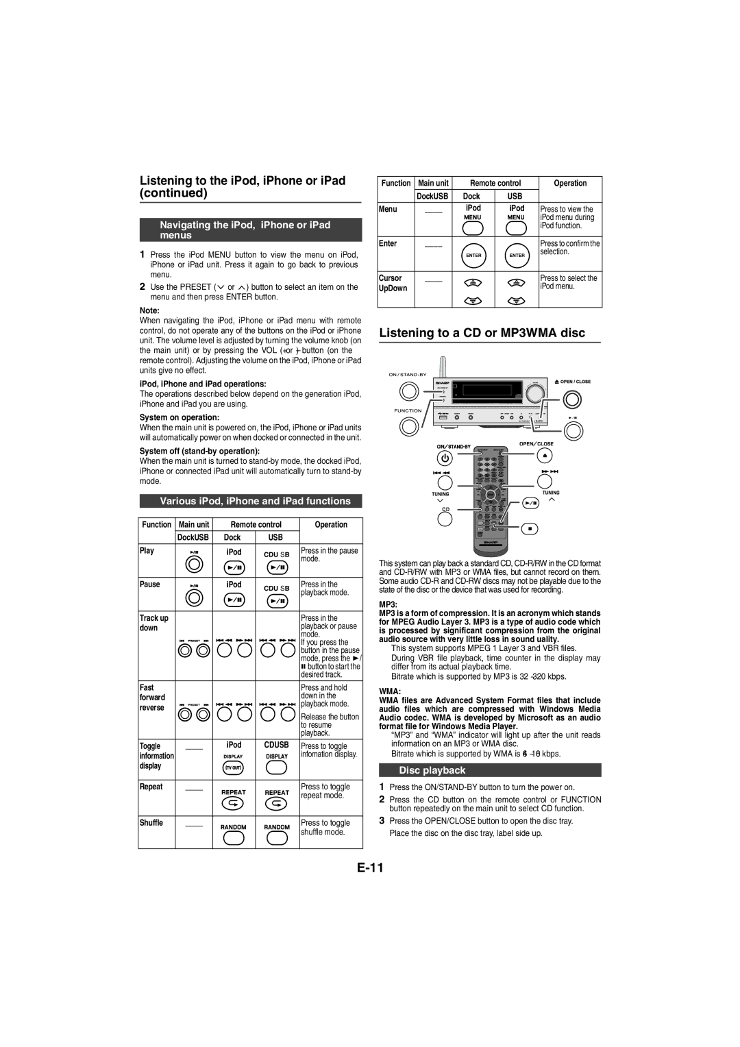 Sharp XL-HF401PH Listening to a CD or MP3/WMA disc, Navigating the iPod, iPhone or iPad menus, Disc playback 