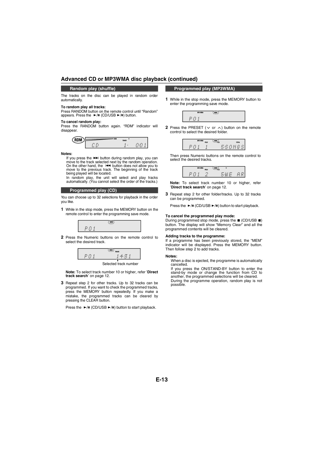 Sharp XL-HF401PH operation manual Random play shuffle, Programmed play CD, Programmed play MP3/WMA 