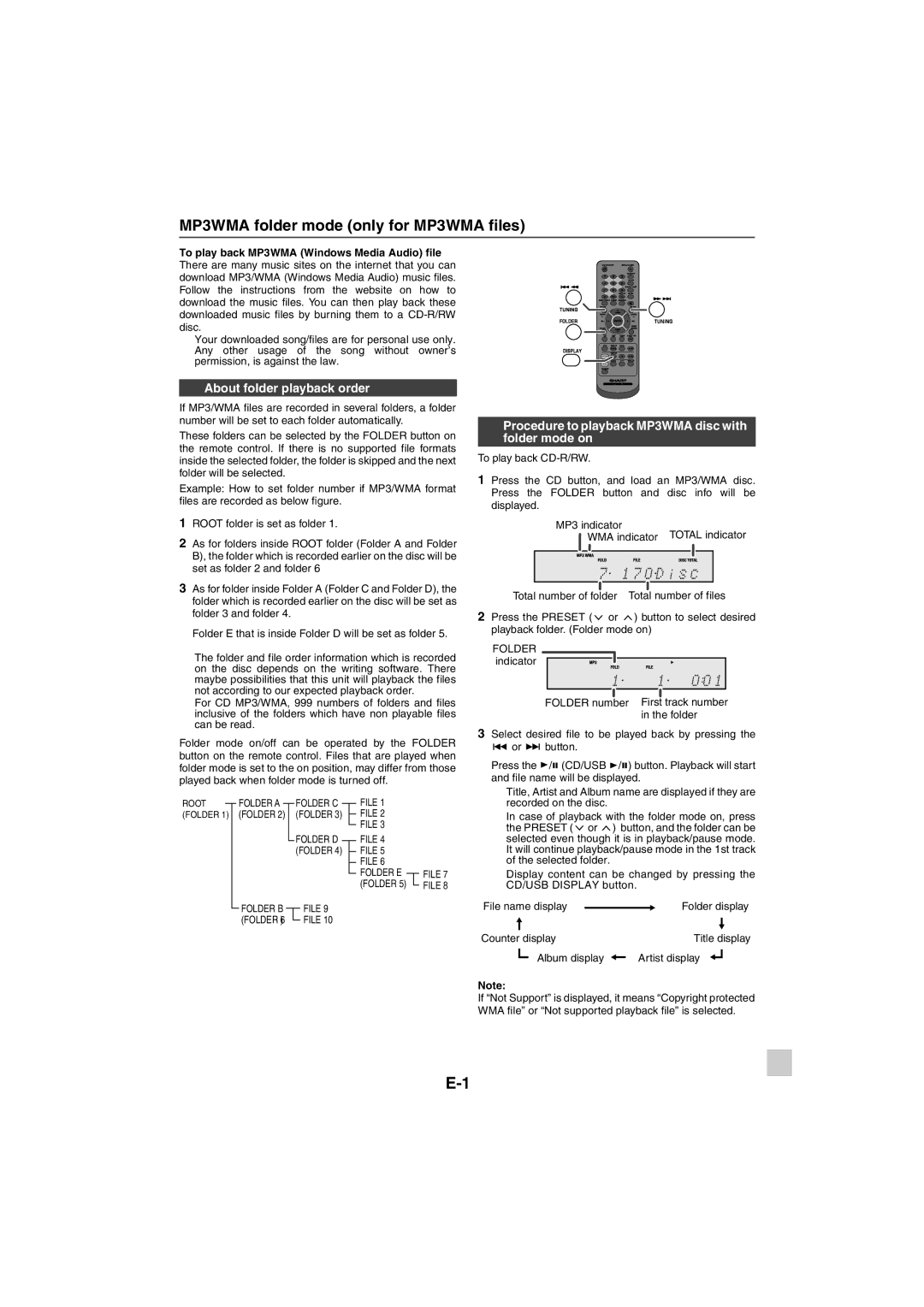 Sharp XL-HF401PH operation manual MP3/WMA folder mode only for MP3/WMA files, About folder playback order 