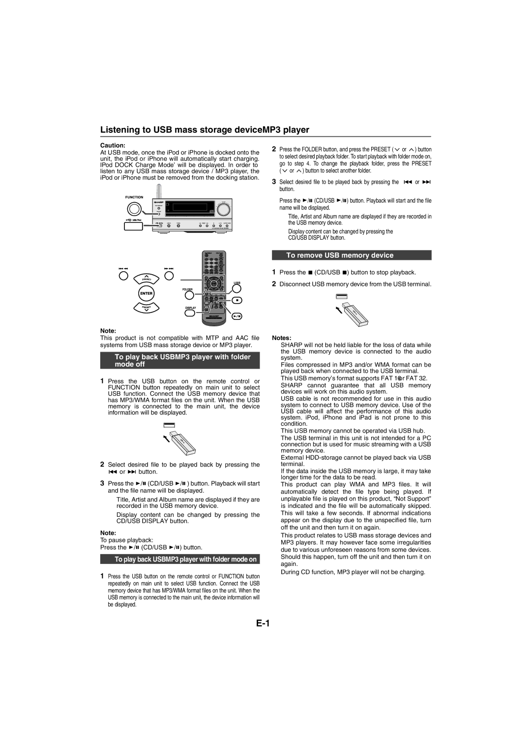 Sharp XL-HF401PH operation manual Listening to USB mass storage device/MP3 player, To remove USB memory device 