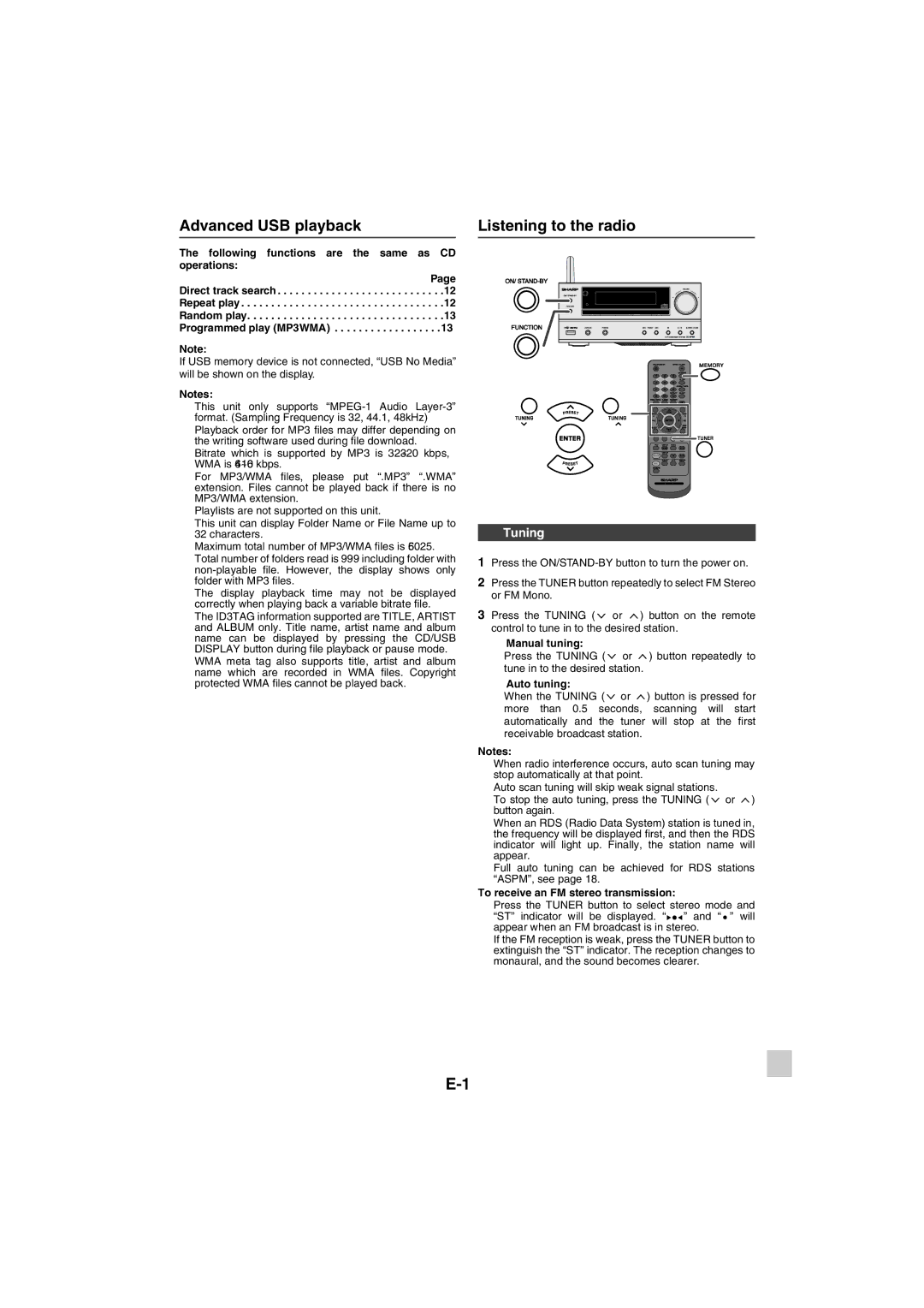 Sharp XL-HF401PH operation manual Advanced USB playback Listening to the radio, Tuning 