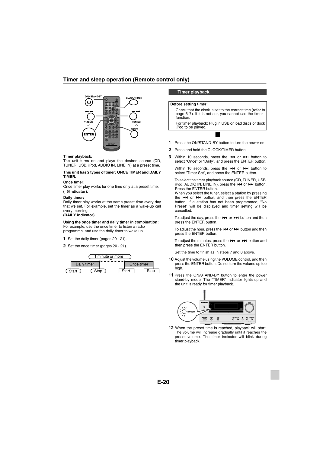 Sharp XL-HF401PH operation manual Timer and sleep operation Remote control only, Timer playback, Indicator. Daily timer 