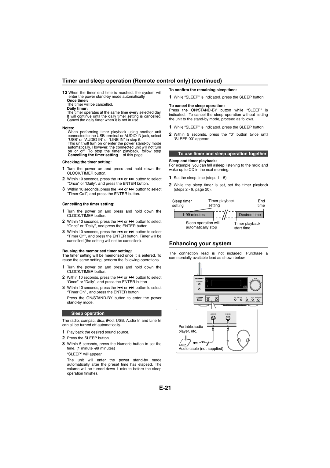 Sharp XL-HF401PH operation manual Enhancing your system, To use timer and sleep operation together, Sleep operation 