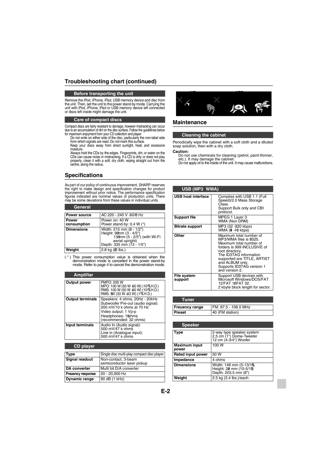 Sharp XL-HF401PH operation manual Maintenance, Specifications 