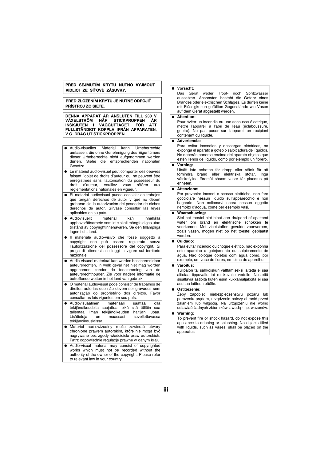 Sharp XL-HF401PH operation manual Vorsicht, Advertencia, Varning, Attenzione, Waarschuwing, Cuidado, Varoitus, Ostrzeżenie 