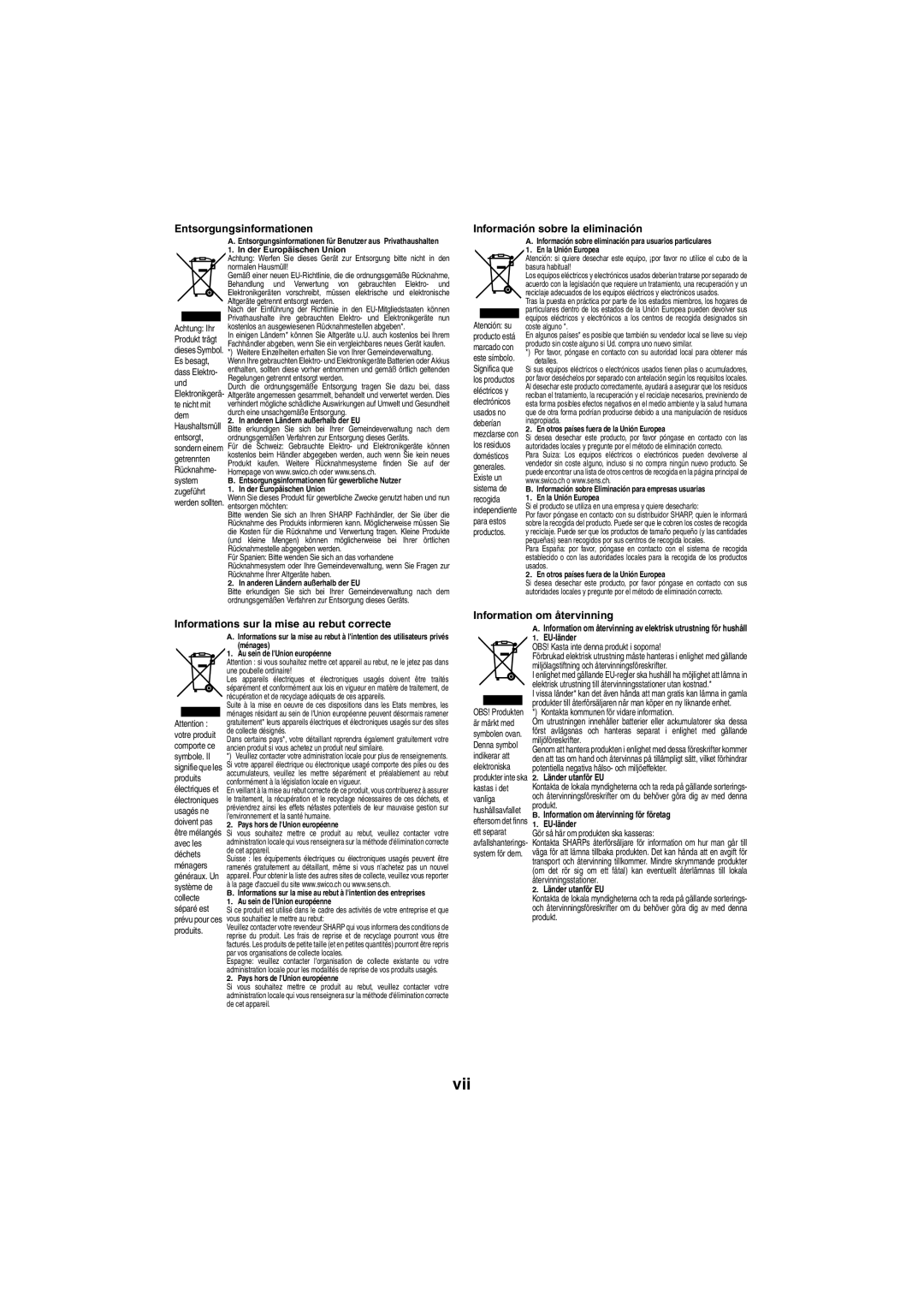 Sharp XL-HF401PH operation manual Entsorgungsinformationen Información sobre la eliminación, Der Europäischen Union 