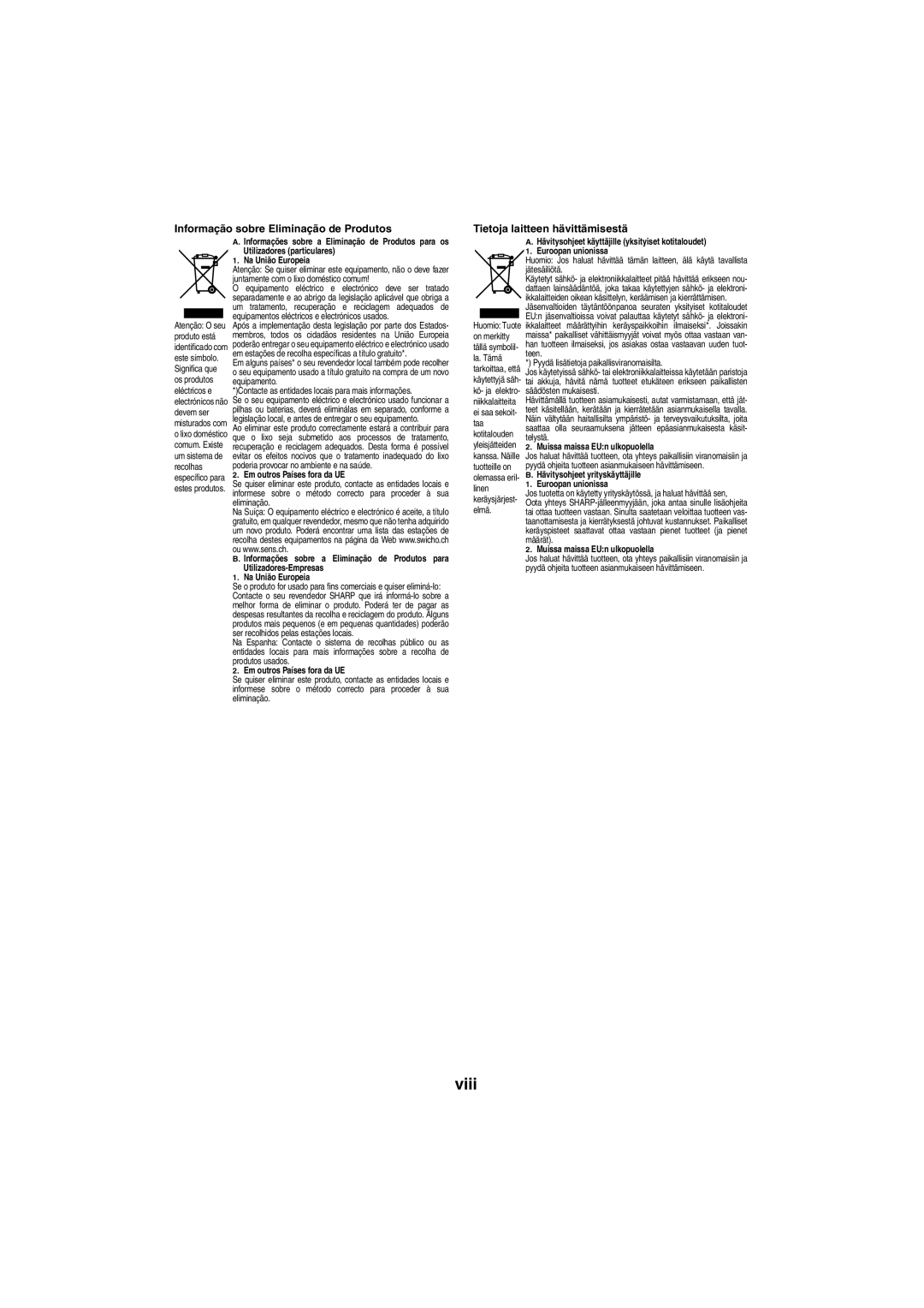 Sharp XL-HF401PH operation manual Informação sobre Eliminação de Produtos, Tietoja laitteen hävittämisestä 