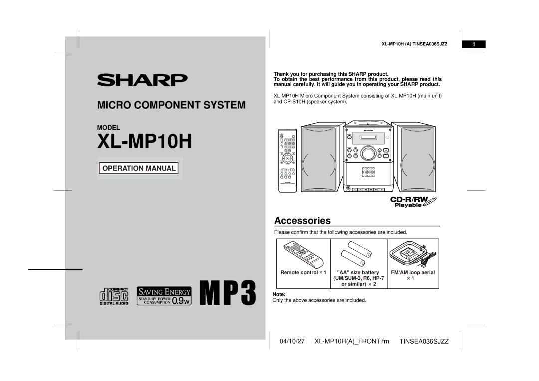 Sharp CP-S10H, XL-MP10H operation manual Accessories, Thank you for purchasing this Sharp product, Or similar 