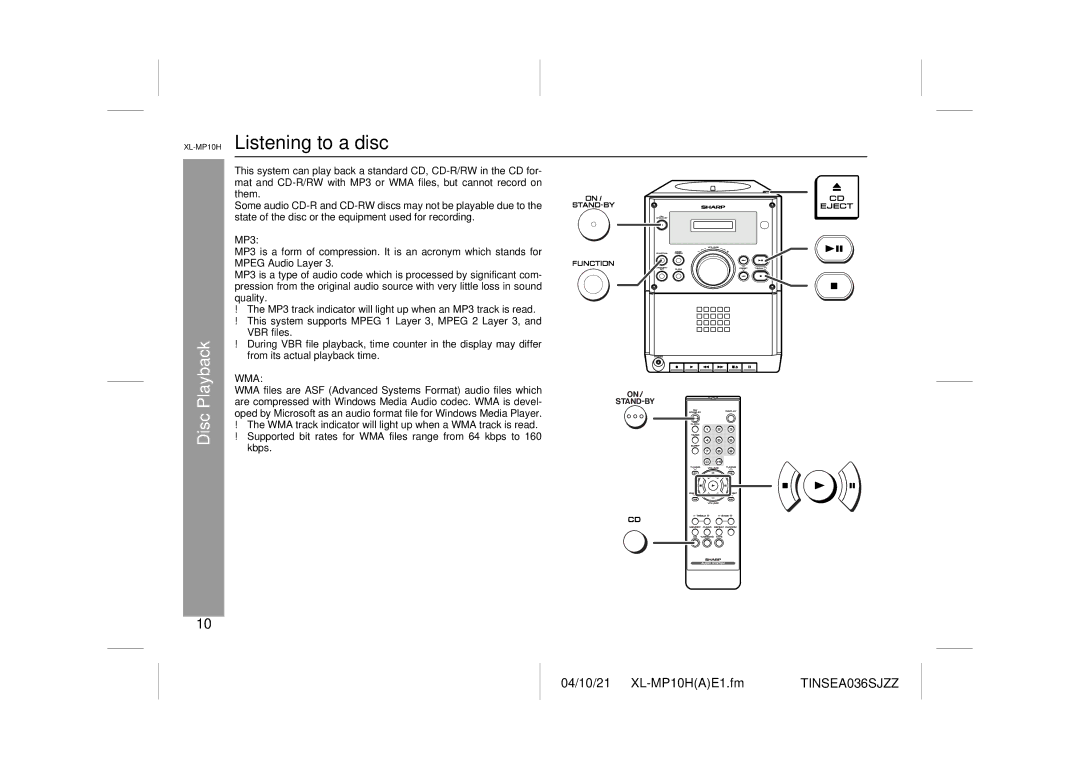 Sharp CP-S10H operation manual XL-MP10HListening to a disc, Disc Playback, MP3 