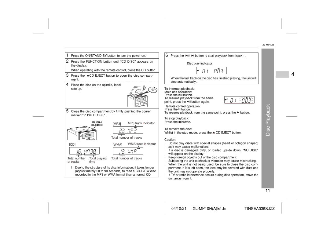 Sharp CP-S10H, XL-MP10H operation manual To interrupt playback Main unit operation, To stop playback, To remove the disc 