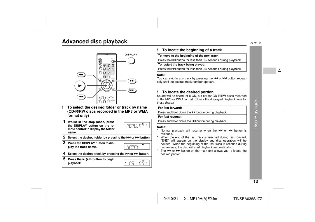 Sharp CP-S10H, XL-MP10H Advanced disc playback, To locate the beginning of a track, To locate the desired portion 