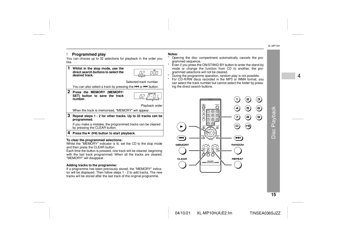 Sharp CP-S10H, XL-MP10H operation manual Programmed play, Adding tracks to the programme 