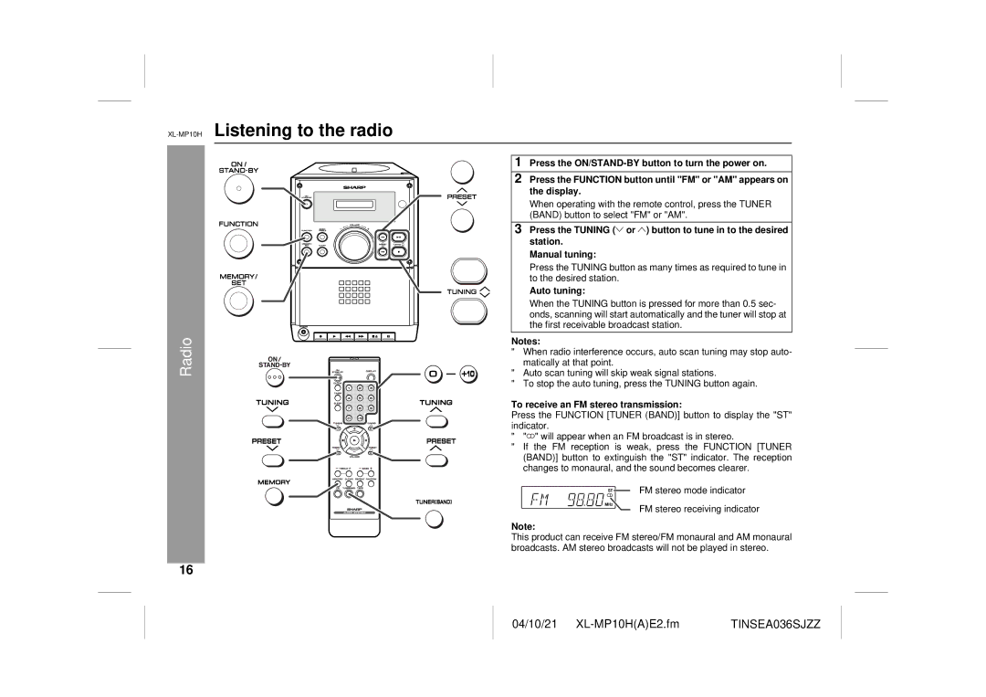 Sharp CP-S10H operation manual XL-MP10HListening to the radio, Radio, Auto tuning, To receive an FM stereo transmission 