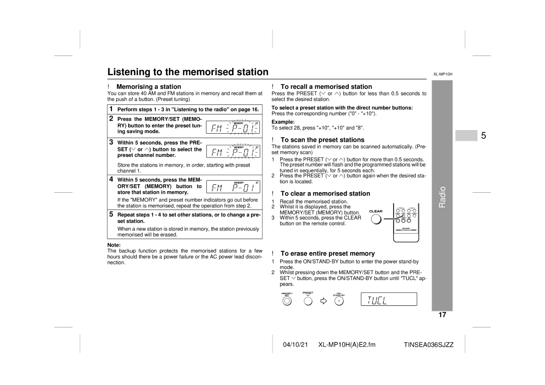 Sharp CP-S10H, XL-MP10H operation manual Listening to the memorised station 