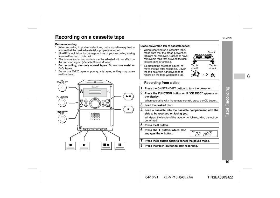 Sharp CP-S10H, XL-MP10H Recording on a cassette tape, Tape Recording, Recording from a disc, Before recording 