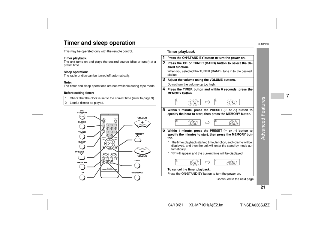 Sharp CP-S10H, XL-MP10H operation manual Timer and sleep operation, Advanced Features, Timer playback 