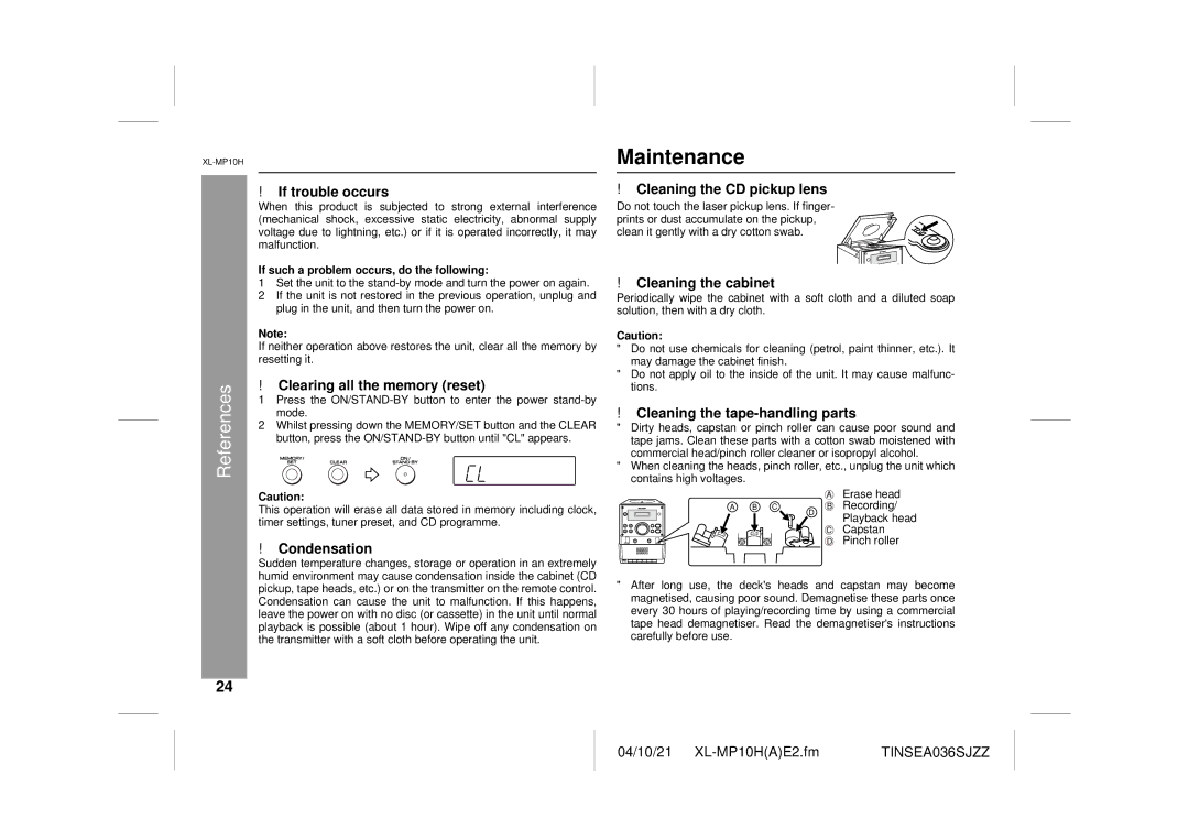 Sharp XL-MP10H, CP-S10H operation manual Maintenance 