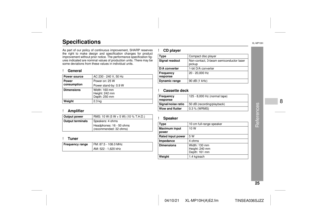 Sharp CP-S10H, XL-MP10H operation manual Specifications, Amplifier, Speaker 