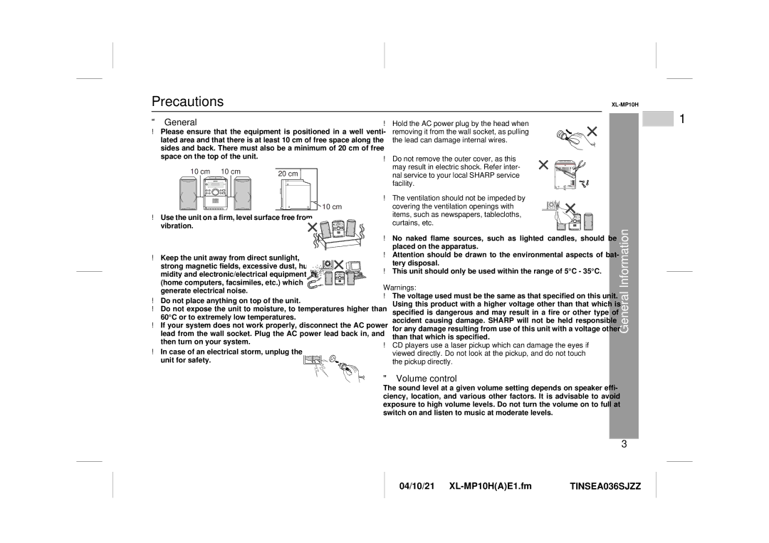 Sharp CP-S10H, XL-MP10H operation manual Precautions, General Information, Volume control 