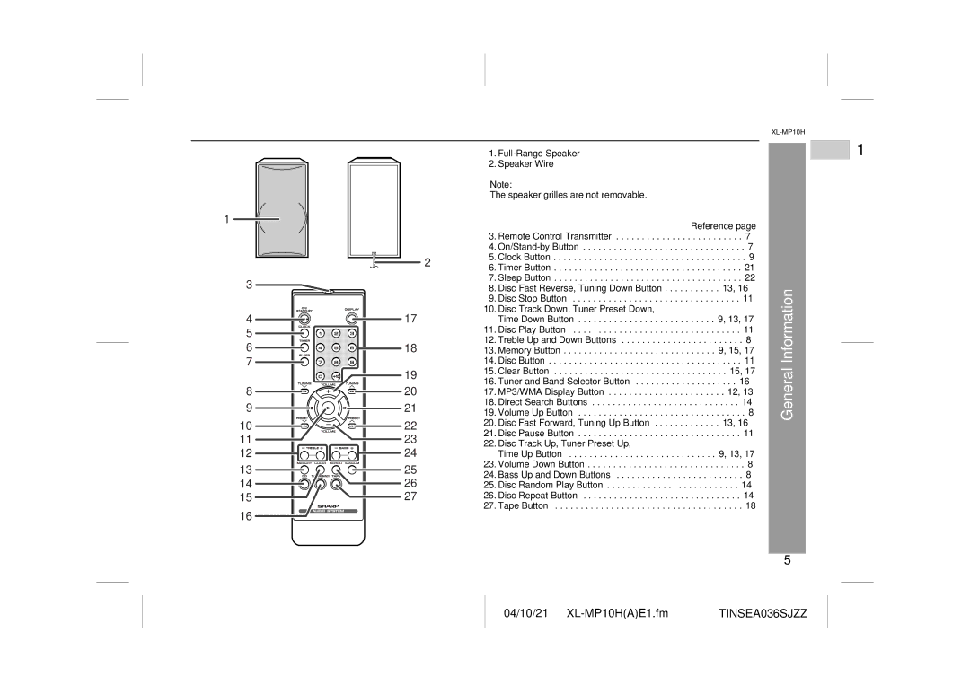 Sharp CP-S10H, XL-MP10H operation manual Full-Range Speaker Speaker Wire, Disc Track Up, Tuner Preset Up Time Up Button 