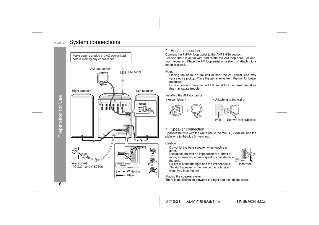 Sharp XL-MP10H, CP-S10H operation manual System connections, Preparation for Use, Aerial connection, Speaker connection 