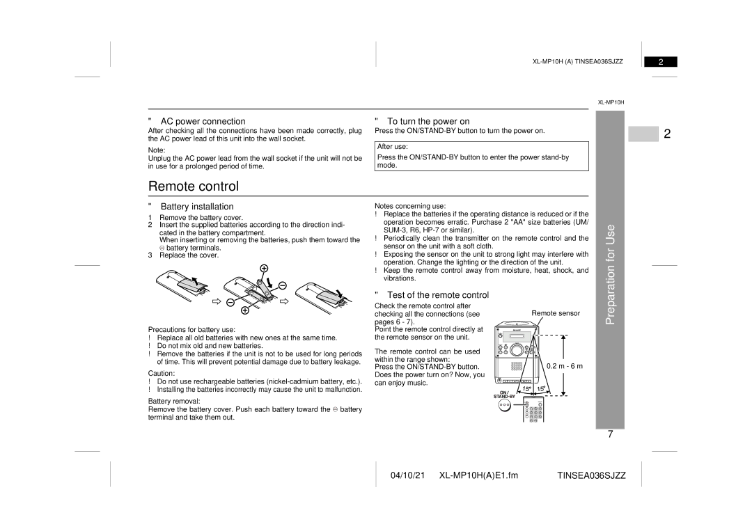 Sharp CP-S10H, XL-MP10H operation manual Remote control, For Use 