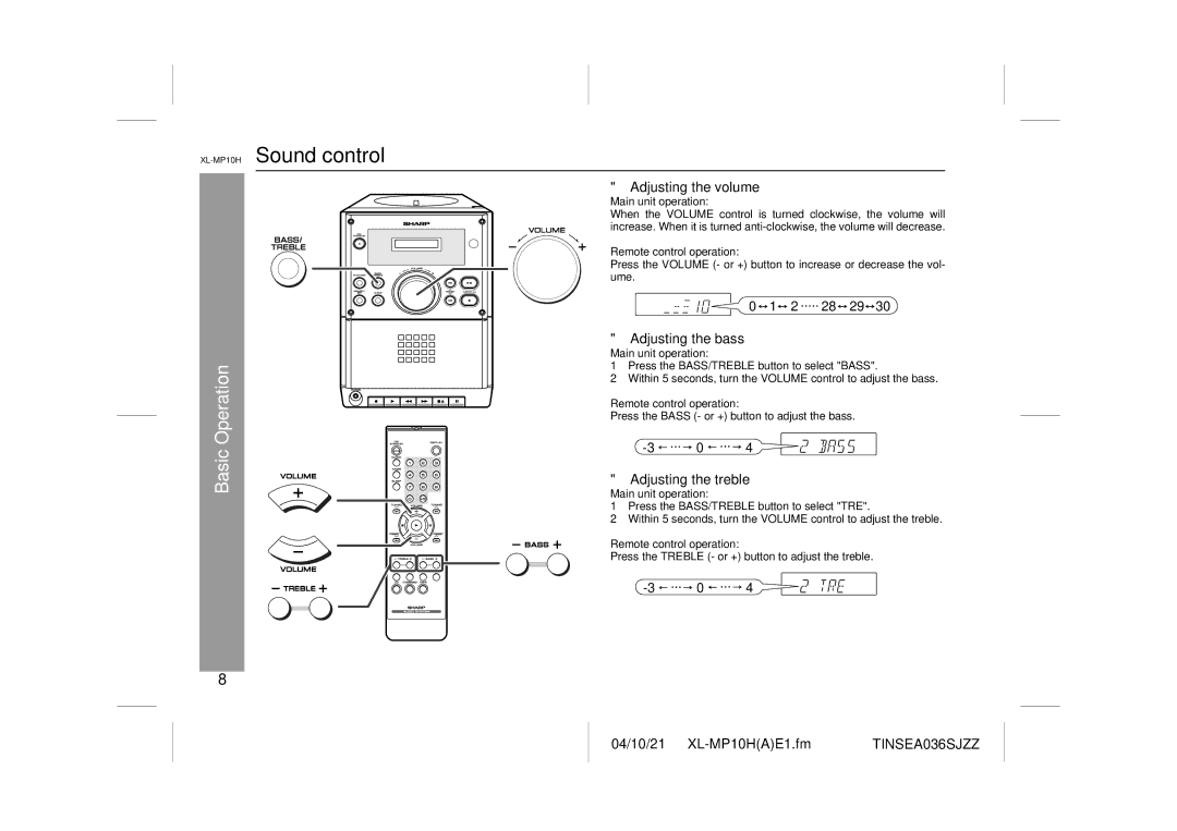 Sharp CP-S10H XL-MP10HSound control, Basic Operation, Adjusting the volume, Adjusting the bass, Adjusting the treble 