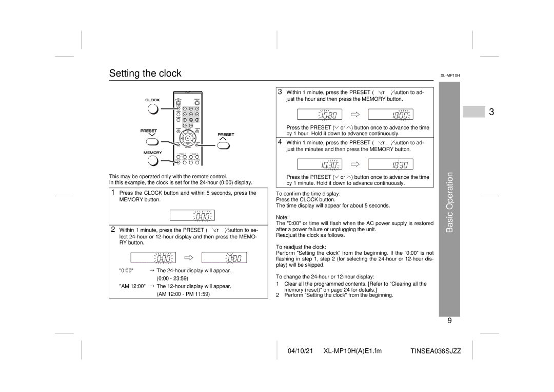 Sharp CP-S10H, XL-MP10H operation manual Setting the clock, To confirm the time display, To readjust the clock 