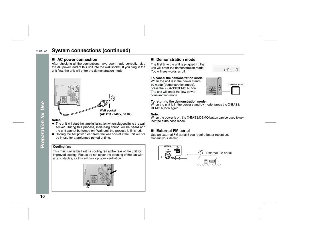 Sharp XL-MP130 operation manual AC power connection, Demonstration mode, External FM aerial, Cooling fan 