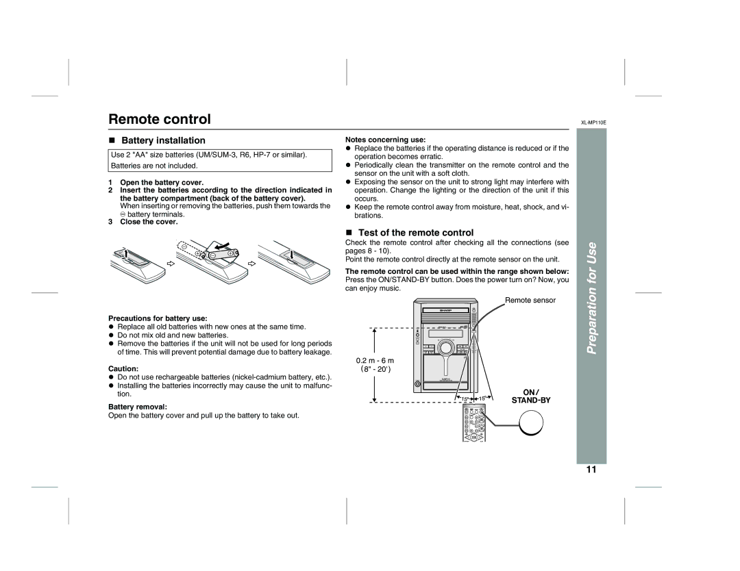 Sharp XL-MP130 operation manual Remote control, Battery installation, Test of the remote control 