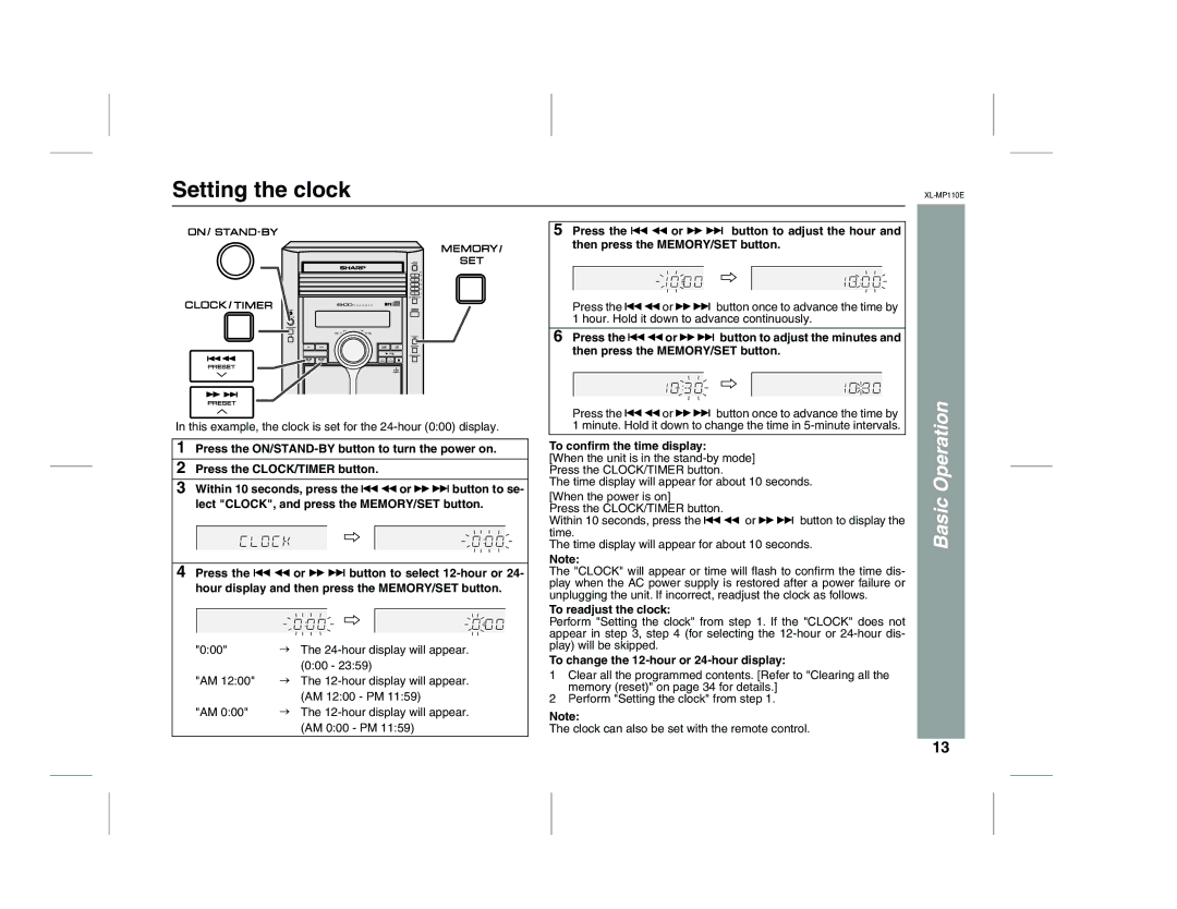 Sharp XL-MP130 operation manual Setting the clock, To conﬁrm the time display, To readjust the clock 