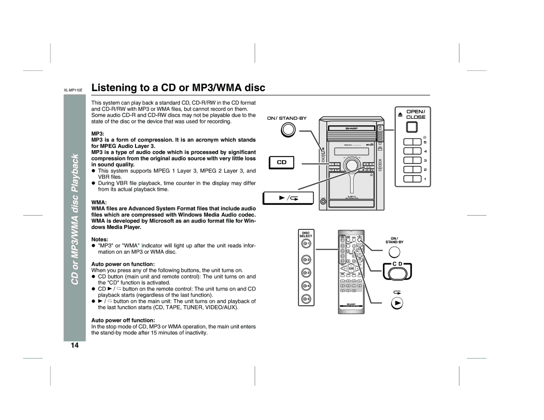 Sharp XL-MP130 operation manual XL-MP110EListening to a CD or MP3/WMA disc, Auto power on function, Auto power off function 