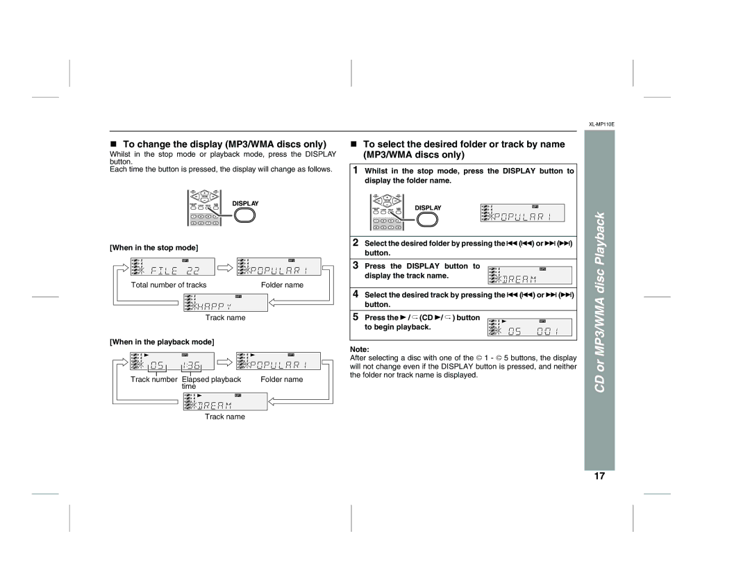 Sharp XL-MP130 operation manual To change the display MP3/WMA discs only, When in the stop mode, When in the playback mode 