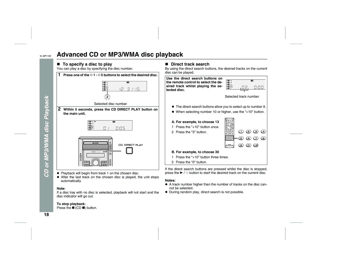 Sharp XL-MP130 XL-MP110EAdvanced CD or MP3/WMA disc playback, To specify a disc to play, Direct track search 