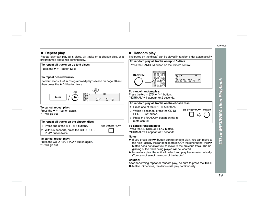 Sharp XL-MP130 operation manual Repeat play, Random play 