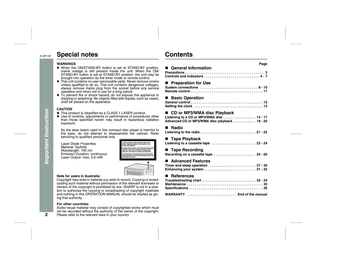 Sharp XL-MP130 operation manual Special notes, Contents 