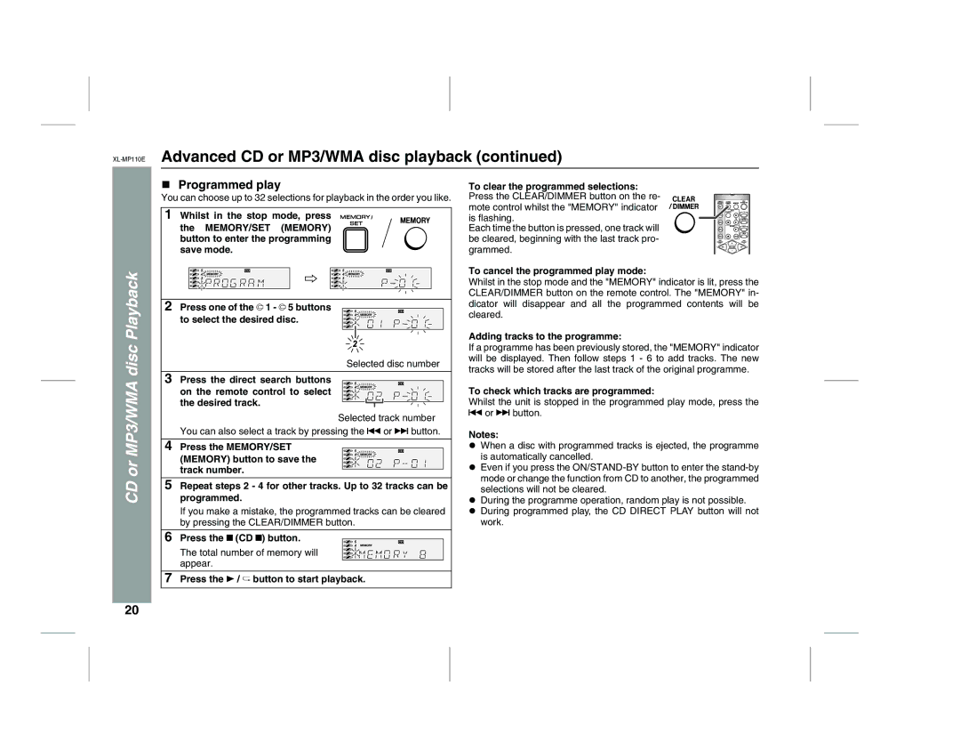 Sharp XL-MP130 operation manual Programmed play, To cancel the programmed play mode, Adding tracks to the programme 