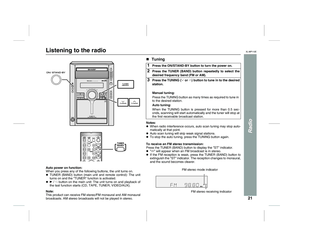 Sharp XL-MP130 operation manual Listening to the radio, Tuning, Auto tuning, To receive an FM stereo transmission 