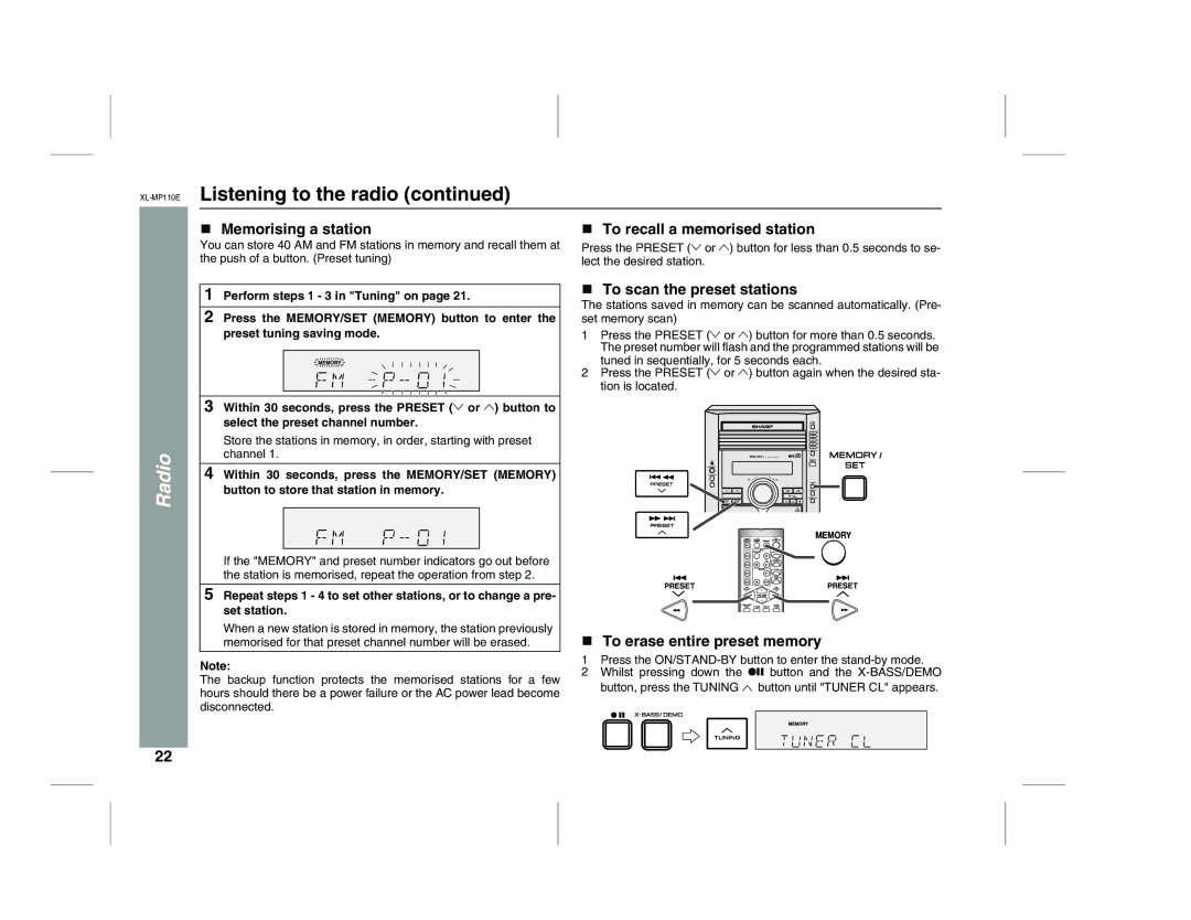 Sharp XL-MP130 operation manual Memorising a station, To recall a memorised station, To scan the preset stations 