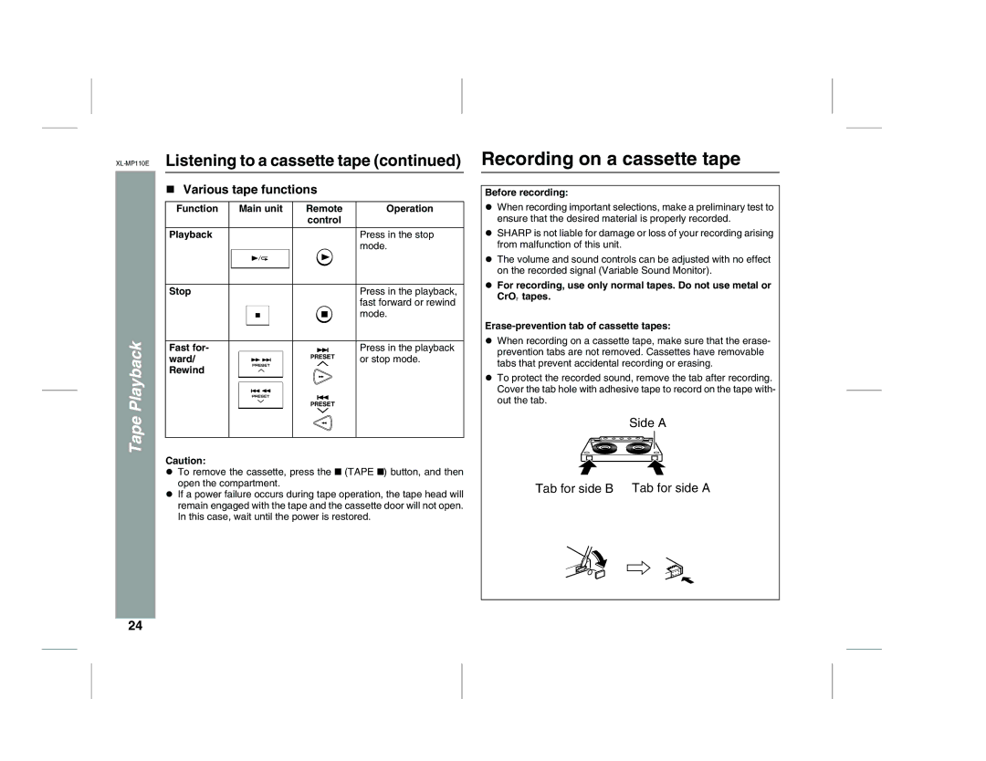 Sharp XL-MP130 operation manual Recording on a cassette tape, Various tape functions, Before recording 