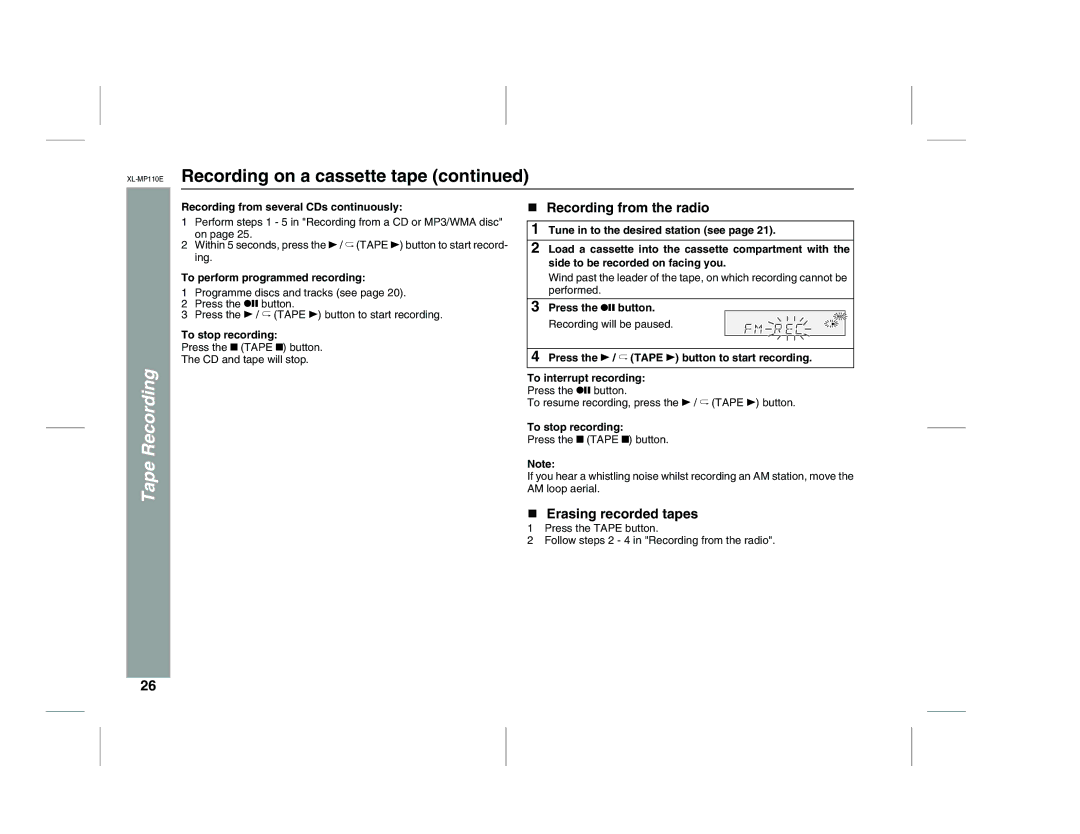 Sharp XL-MP130 operation manual Recording from the radio, Erasing recorded tapes, Recording from several CDs continuously 